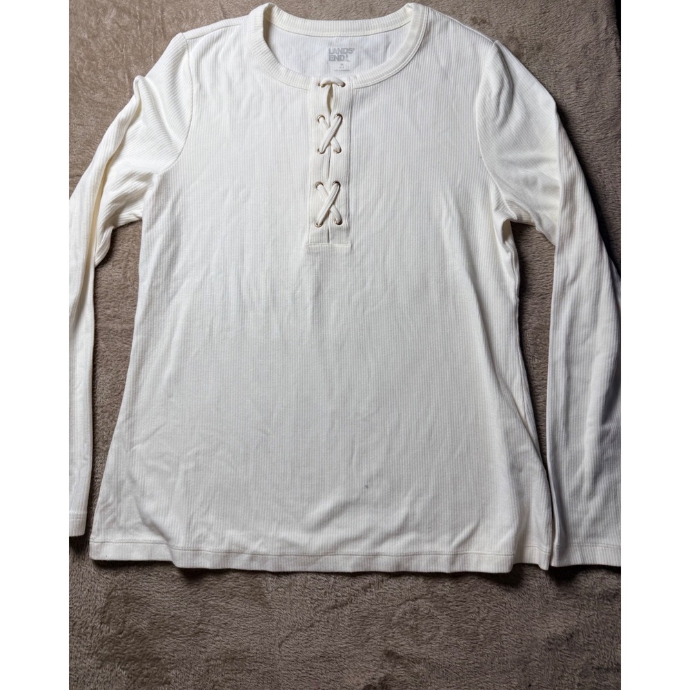 Lands End Womens Cream Ribbed Lace Up Long Sleeve Top Size M Classic Preppy